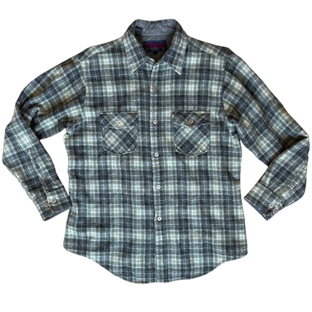 Ponderosa Vintage Wool Flannel Shirt Long Sleeve Size Large Green Blue Washable
